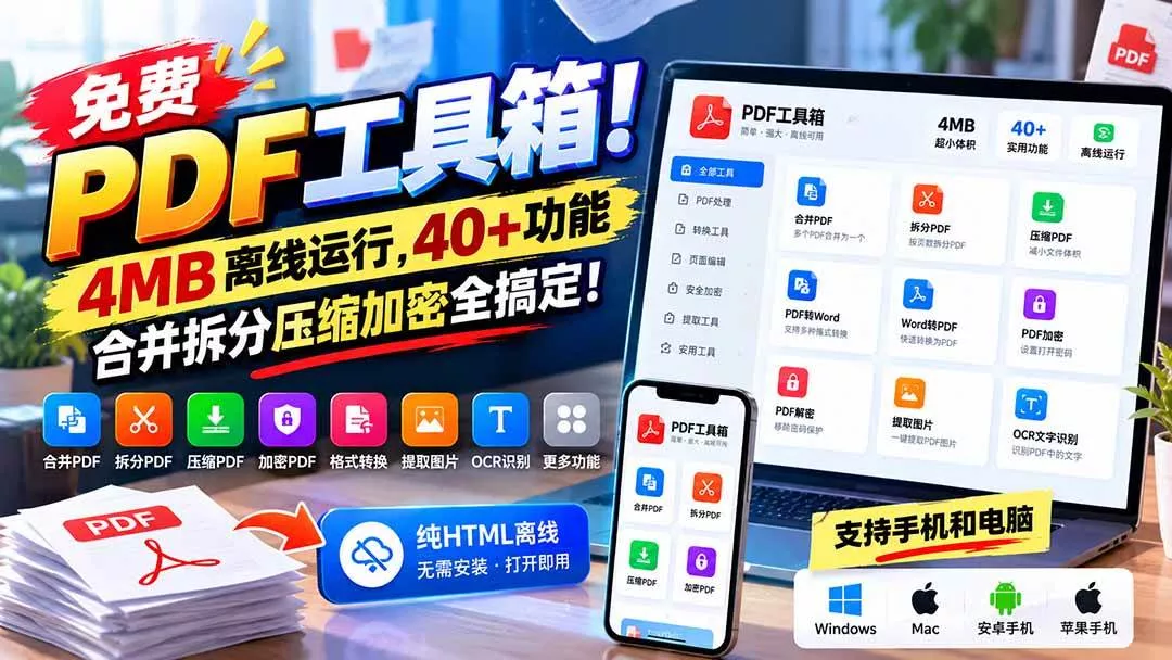 （21197期）免费PDF工具箱！4MB离线运行，40+功能，合并拆分压缩加密全搞定！_抖汇吧