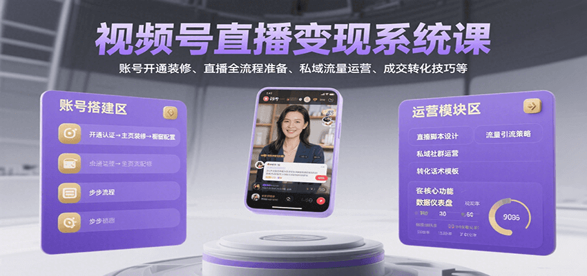 视频号直播变现系统课，账号开通装修、直播全流程准备、私域流量运营、成交转化技巧等_抖汇吧