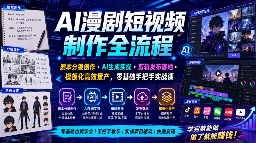 AI漫剧短视频制作全流程｜剧本分镜创作・AI生成实操・剪辑发布落地・模板化高效量产，零基础手把手实战课_抖汇吧