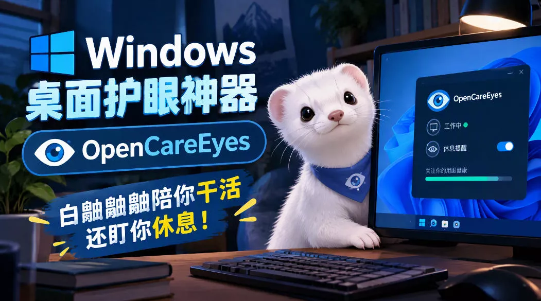 Windows桌面护眼神器OpenCareEyes，白鼬鼬鼬陪你干活还盯你休息！_抖汇吧