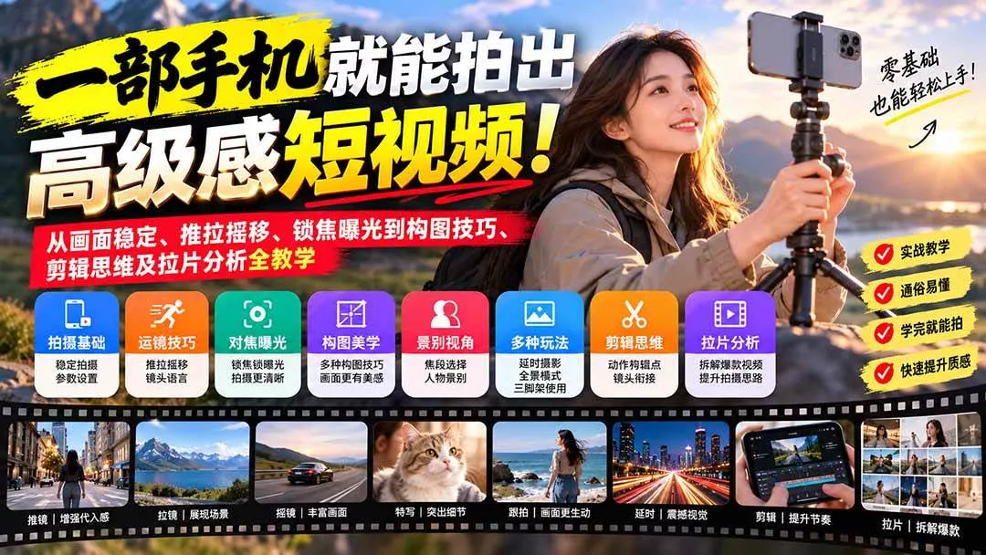 （21272期）一部手机就能拍出高级感短视频！从画面稳定、推拉摇移、锁焦曝光到构图技巧、剪辑思维及拉片分析全教学_抖汇吧