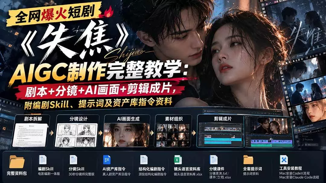 （20805期）全网爆火短剧《失焦》AIGC制作完整教学：剧本+分镜+AI画面+剪辑成片，附编剧Skill、提示词及资产库指令资料_抖汇吧