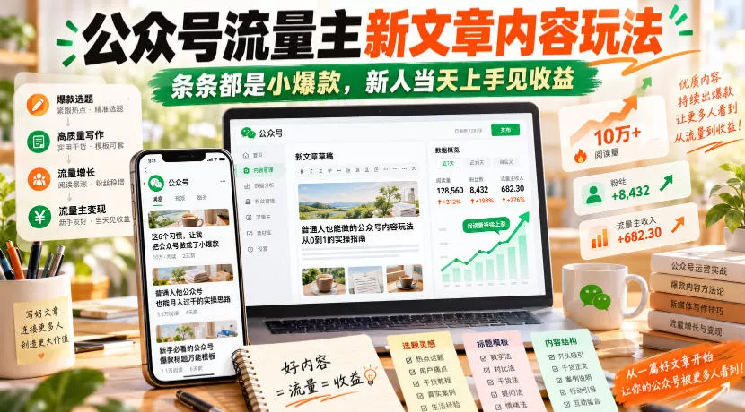 公众号流量主新文章内容玩法，条条都是小爆款，新人当天上手见收益_抖汇吧