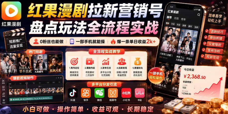 红果漫剧拉新营销号盘点玩法全流程实战，0粉丝也能做，一部手机就能做，爆一条单日收益2k+（更新0922）_抖汇吧