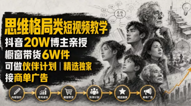 人性思维格局类短视频教学,抖音20W博主亲授,橱窗带货6W件,可做伙伴计划、精选独家、接商单广告