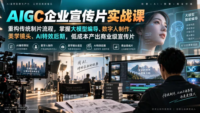 AIGC企业宣传片实战课，重构传统制片流程，掌握大模型编导、数字人制作、美学镜头、AI特效后期，低成本产出商业级宣传片_抖汇吧