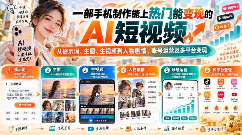 【无水印】一部手机制作能上热门能变现的AI短视频，从提示词、生图、生视频到人物剧情、账号运营及多平台变现_抖汇吧