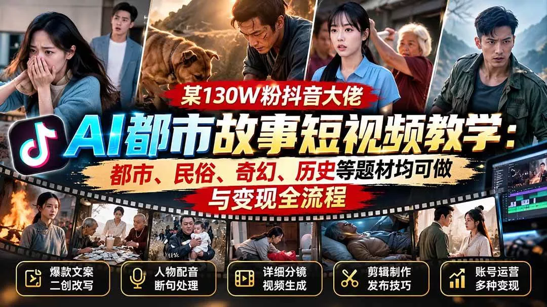 （20692期）某130W粉抖音大佬AI都市故事短视频教学：都市、民俗、奇幻、历史等题材均可做与变现全流程_抖汇吧