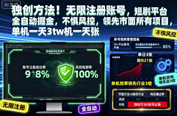 独创方法！无限注册账号，短剧平台全自动掘金，不惧风控，领先市面所有项目，单机一天3张【揭秘】_抖汇吧