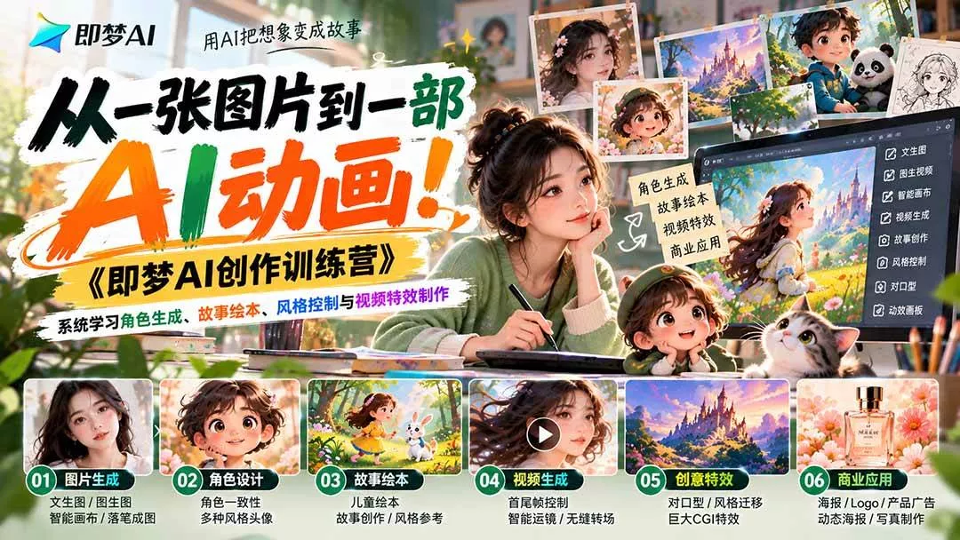 （21160期）【无水印】从一张图片到一部AI动画！《即梦AI创作训练营》系统学习角色生成、故事绘本、风格控制与视频特效制作_抖汇吧