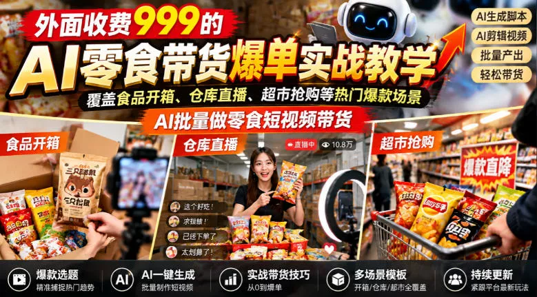 外面收费999的AI零食带货爆单实战教学，覆盖食品开箱、仓库直播、超市抢购等热门爆款场景，AI批量做零食短视频带货_抖汇吧
