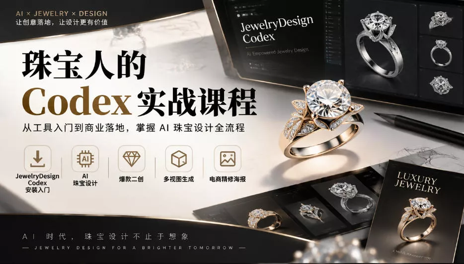 珠宝人的Codex实战课程｜JewelryDesign Codex安装入门、AI珠宝设计、爆款二创、多视图生成、电商精修海报全链路教学_抖汇吧