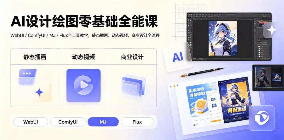 AI设计绘图零基础全能课|WebUI/ComfyUI/MJ/Flux全工具教学,静态插画、动态视频、商业设计全流程