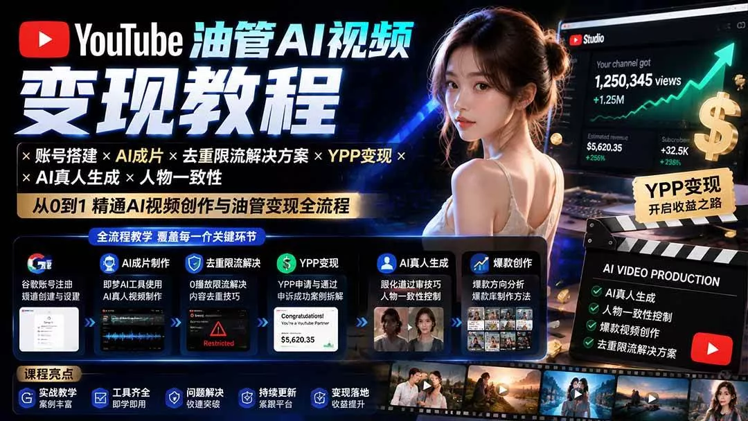 (20649期)YouTube油管AI视频变现教程-更新0926:账号搭建×AI成片×去重限流解决方案×YPP变现×AI真人生成×人物一致性_抖汇吧