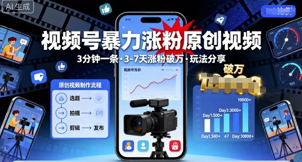 视频号暴力涨粉原创视频，3分钟一条原创视频，3-7天涨粉破万，玩法分享给你_抖汇吧
