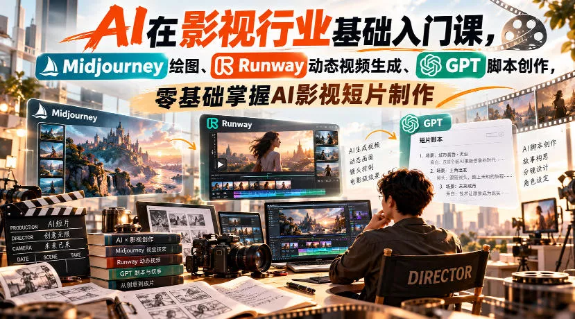 【无水印】AI在影视行业基础入门课，Midjourney绘图、Runway动态视频生成、GPT脚本创作，零基础掌握AI影视短片制作_抖汇吧