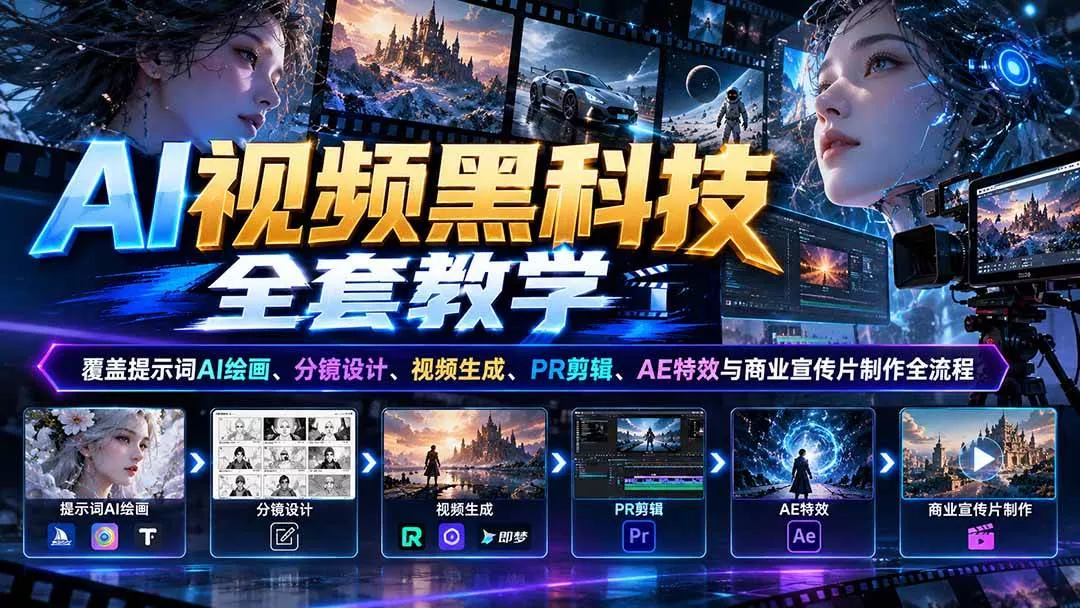 （21095期）AI视频黑科技全套教学：覆盖提示词AI绘画、分镜设计、视频生成、PR剪辑、AE特效与商业宣传片制作全流程_抖汇吧