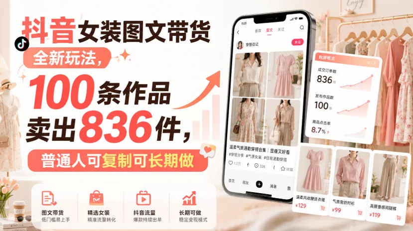 抖音女装图文带货全新玩法，100条作品卖出836件，普通人可复制可长期做_抖汇吧