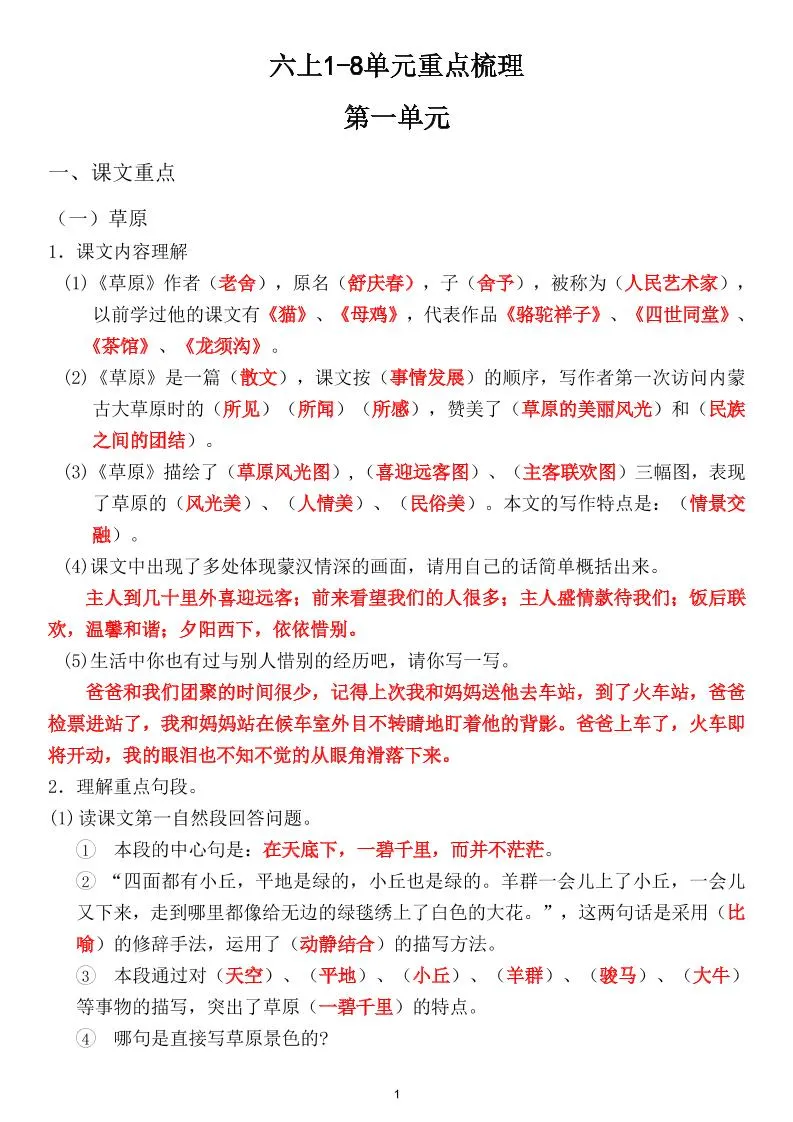六上1-8单元重点梳理（课文重点+语文园地）