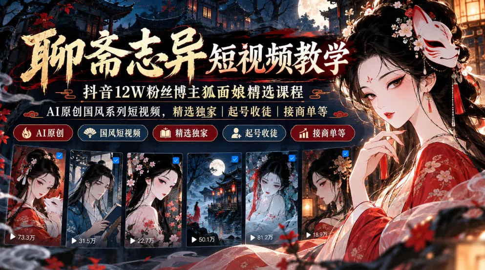 聊斋志异短视频教学,抖音12W粉丝博主狐面娘精选课程,AI原创国风系列短视频,精选独家丨起号收徒丨接商单等_抖汇吧