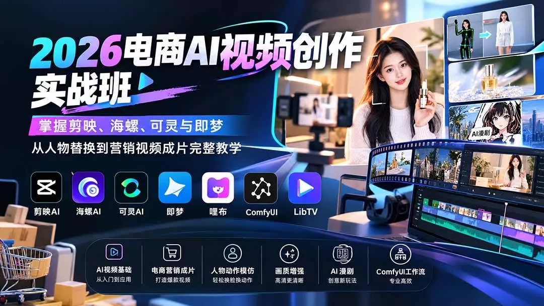 （20466期）2026电商AI视频创作实战班：掌握剪映、海螺、可灵与即梦，从人物替换到营销视频成片完整教学_抖汇吧
