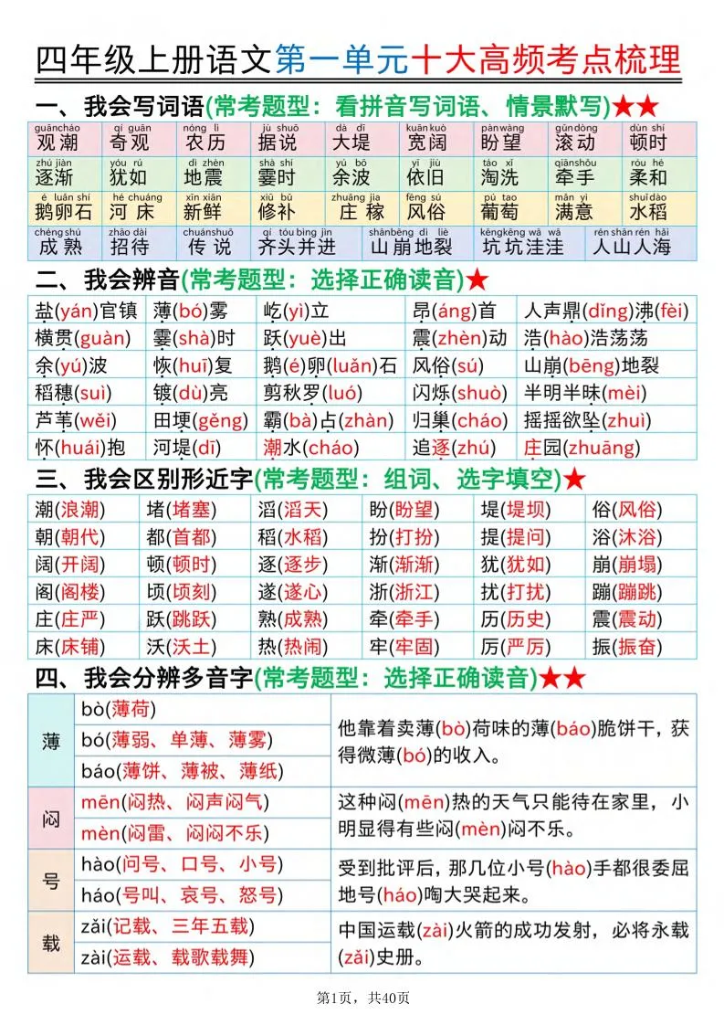 四上语文1-8单元十大高频考点梳理（40页）