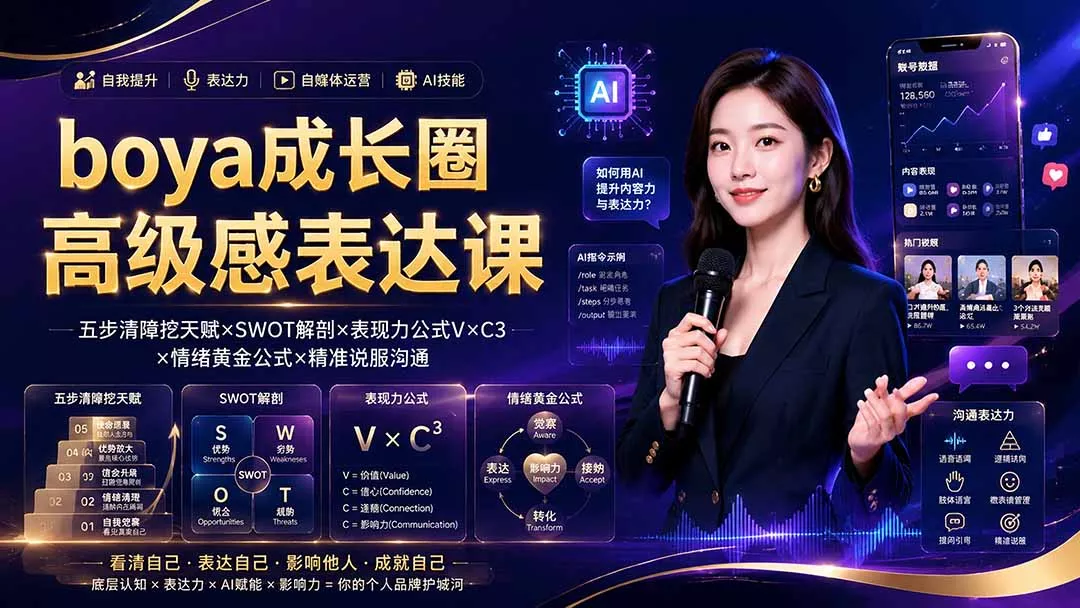 boya成长圈｜内心成长高级表达AI自媒体三合一，消解内耗挖掘天赋，镜头沟通AI指令短视频全流程教学_抖汇吧