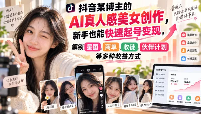 抖音某博主的AI真人感美女创作，新手也能快速起号变现，解锁星图，商单，收徒，伙伴计划等多种收益方式_抖汇吧