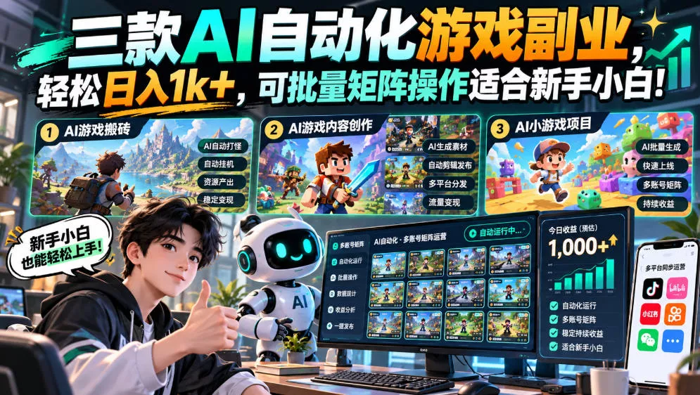 三款AI自动化游戏副业，轻松日入1k+，可批量矩阵操作适合新手小白！【揭秘】_抖汇吧