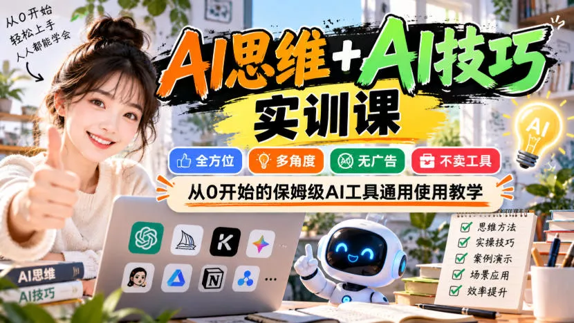【无水印】AI思维+AI技巧实训课，全方位、多角度、无广告、不卖工具，从0开始的保姆级AI工具通用使用教学_抖汇吧
