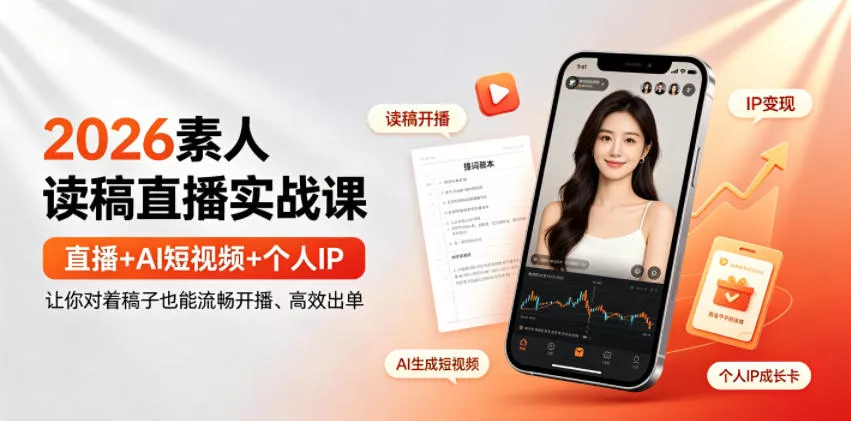 2026素人读稿直播实战课｜直播+AI短视频+个人IP，让你对着稿子也能流畅开播、高效出单_抖汇吧