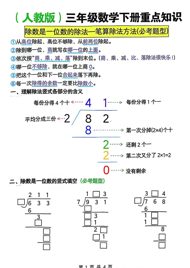 三年级下数学除数是一位数的除法—笔算除法方法(必考题型)《人教版》