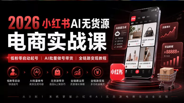 2026小红书AI无货源电商实战课｜低粉零启动起号｜AI批量做号带货全链路变现教程_抖汇吧