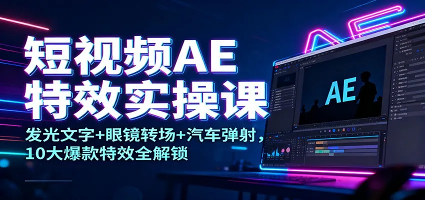 短视频AE特效实操课：发光文字+眼镜转场+汽车弹射，10大爆款特效全解锁_抖汇吧