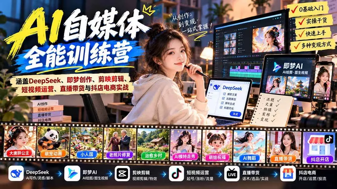（21201期）【无水印】AI+自媒体全能训练营：涵盖DeepSeek、即梦创作、剪映剪辑、短视频运营、直播带货与抖店电商实战_抖汇吧