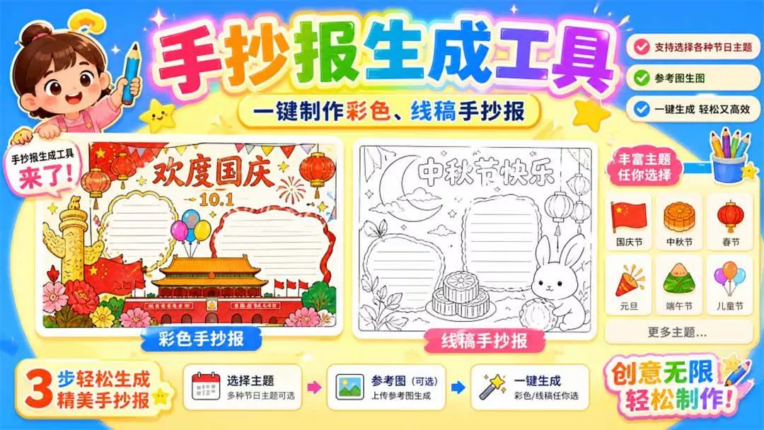 （20265期）手抄报批量生成工具来了，完全免费，告别豆包生图，这个高清无水印_抖汇吧