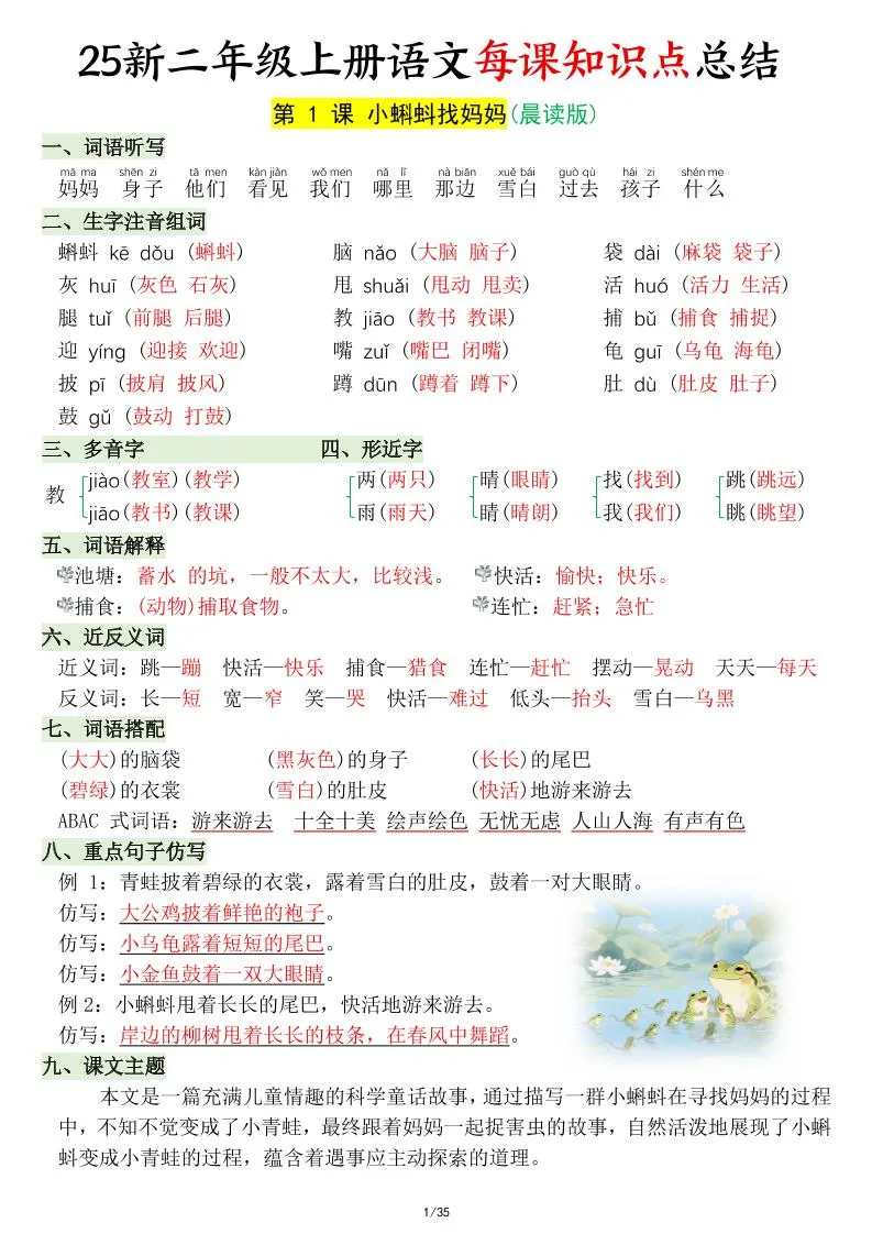 25新二年级上语文每课知识点总结