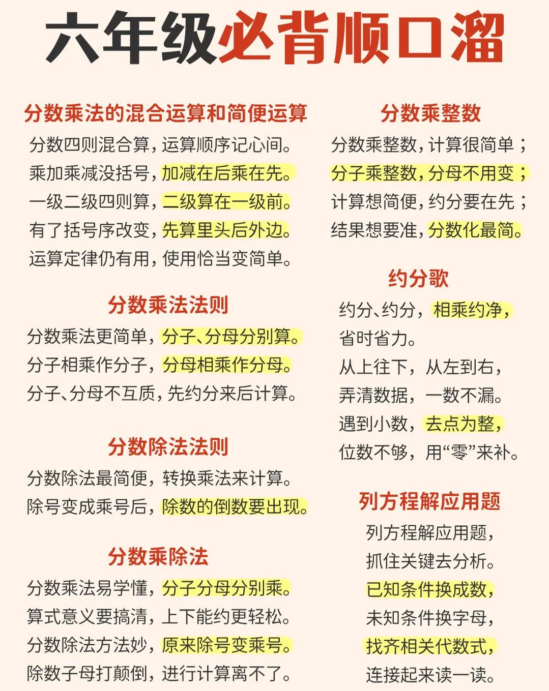六年级下数学1-6年级必备顺口溜