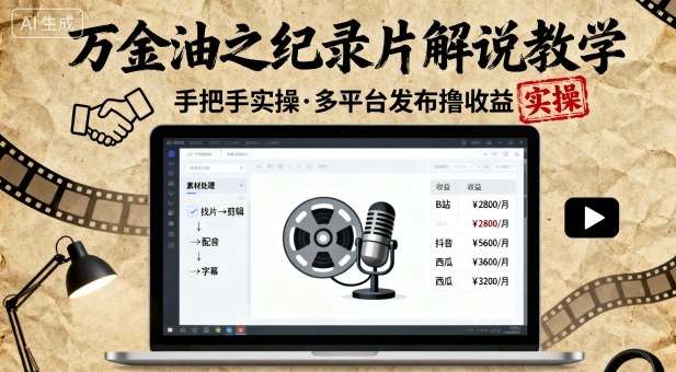 万金油之纪录片解说教学，手把手教你，完全实操，多平台发布撸收益_抖汇吧