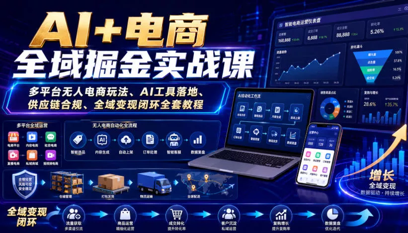 AI+电商全域掘金实战课｜多平台无人电商玩法、AI工具落地、供应链合规、全域变现闭环全套教程_抖汇吧