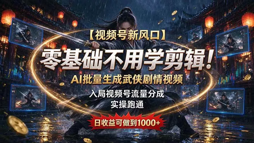 （20780期）【视频号新风口】零基础不用学剪辑！AI 批量生成武侠剧情视频，入局视频号流量分成，实操跑通，日收益可做到 1000+_抖汇吧