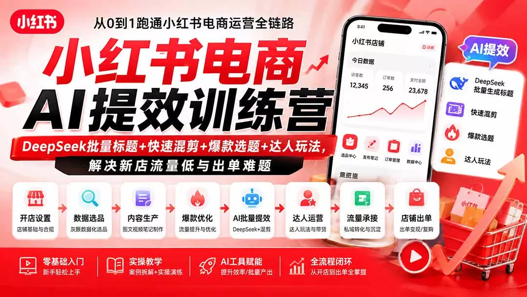 小红书电商AI提效训练营—DeepSeek批量标题+快速混剪+爆款选题+达人玩法，解决新店流量低与出单难题_抖汇吧