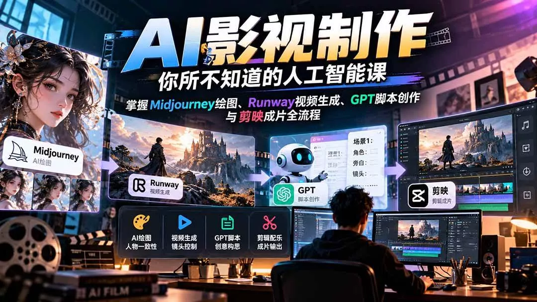 （20681期）AI影视制作-你所不知道的人工智能课，掌握Midjourney绘图、Runway视频生成、GPT脚本创作与剪映成片全流程_抖汇吧