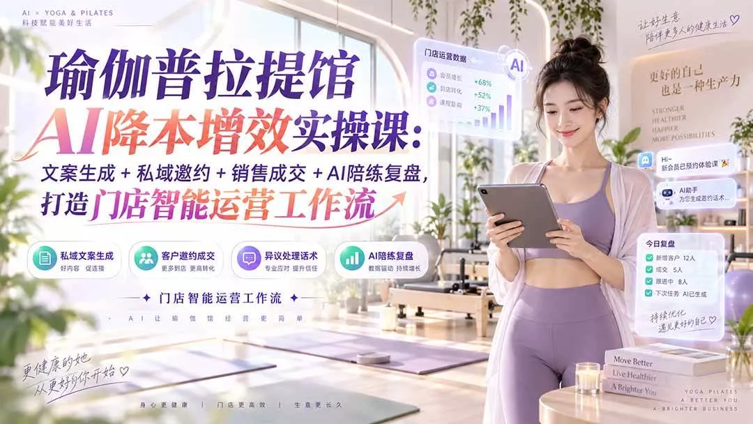 （20340期）瑜伽普拉提馆AI降本增效实操课：文案生成+私域邀约+销售成交+AI陪练复盘，打造门店智能运营工作流_抖汇吧