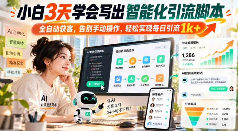 小白3天学会写出智能化引流脚本,全自动获客,告别手动操作,轻松实现每日引流1k+ 小白3天学会写出智能化引流脚本,全自动获客,告别手动操作,轻松实现每日引流1k+