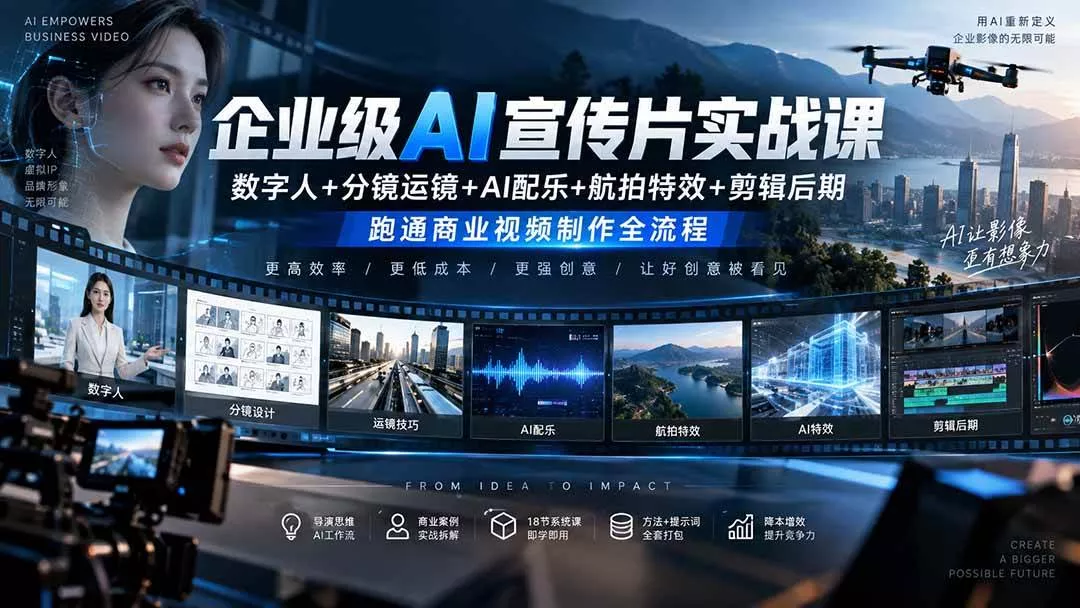（20548期）企业级AI宣传片实战课｜数字人+分镜运镜+AI配乐+航拍特效+剪辑后期，跑通商业视频制作全流程_抖汇吧