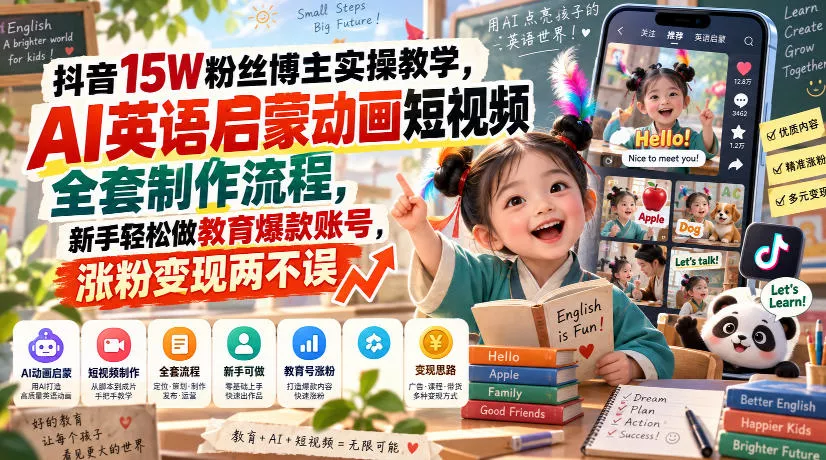 抖音15W粉丝博主实操教学，AI英语启蒙动画短视频全套制作流程，新手轻松做教育爆款账号，涨粉变现两不误_抖汇吧