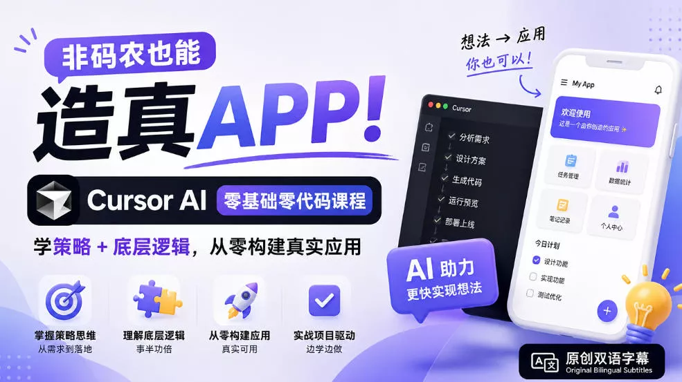 非码农也能造真APP！Cursor AI零基础零代码课程：学策略+底层逻辑，从零构建真实应用【原创双语字幕】_抖汇吧