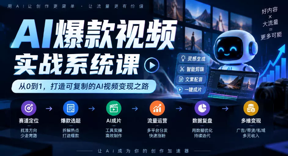 AI爆款视频实战系统课｜赛道定位、爆款选题、AI成片、流量运营、数据复盘、多维变现全链路教学_抖汇吧