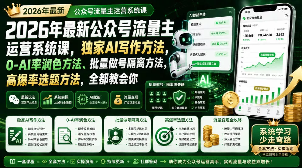 2026年最新公众号流量主运营系统课，独家AI写作方法，0-AI率润色方法、批量做号隔离方法、高爆率选题方法，全都教会你（更新1009）_抖汇吧